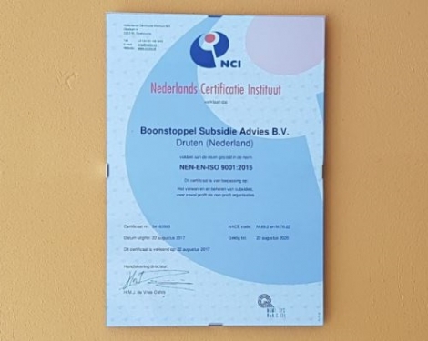 Nieuwe ISO 9001:2015 certificering voor Boonstoppel Subsidie Advies