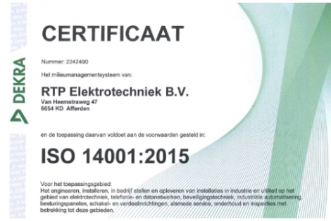 RTP behaalt certificaat ISO 14001